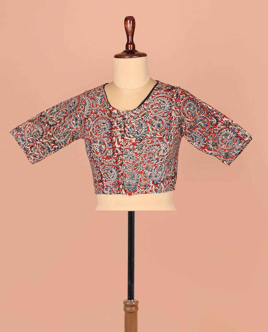 Red Readymade Blouse Finely Detailed with Floral-Paisley Motifs Print, Featuring Front Round Neck, Back Closed Neck, and Elbow Sleeves