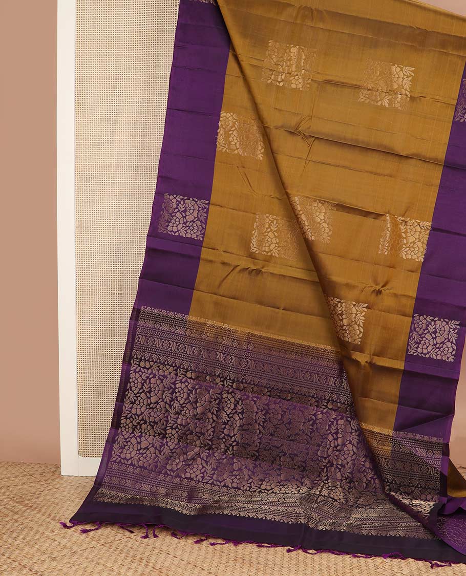 Mustard floral buttas silk mix saree, contrast floral zari buttas border & pallu of cross kamalam & floral designs