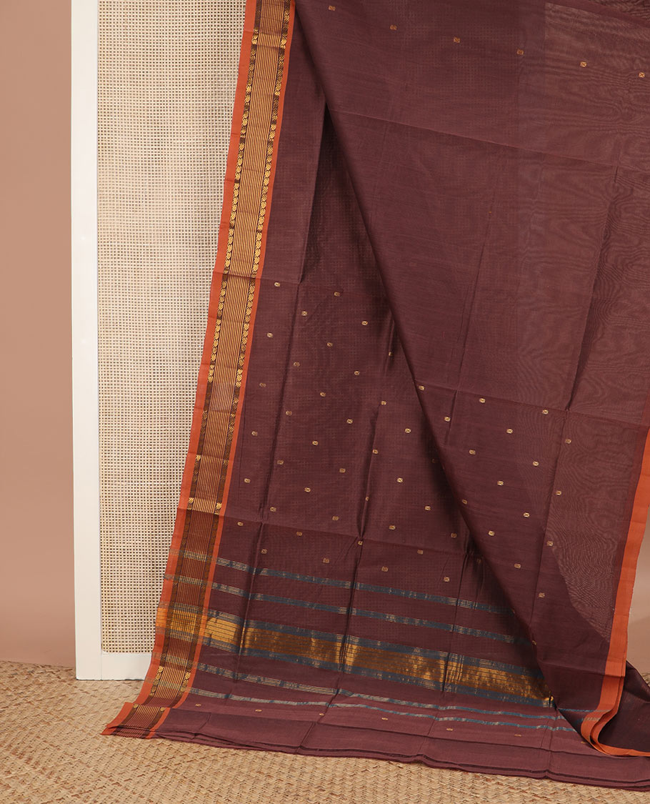 Coco brown zari buttas Venkatagiri cotton saree, contrast mango design border & zari striped pallu