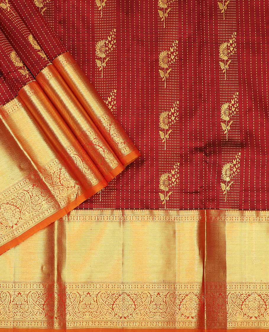 Maroon pure silk half saree, zari design skirt, contrast border and blouse of thilakam mokku, muthu, rudraksham, and manga design, and zari design dhavani