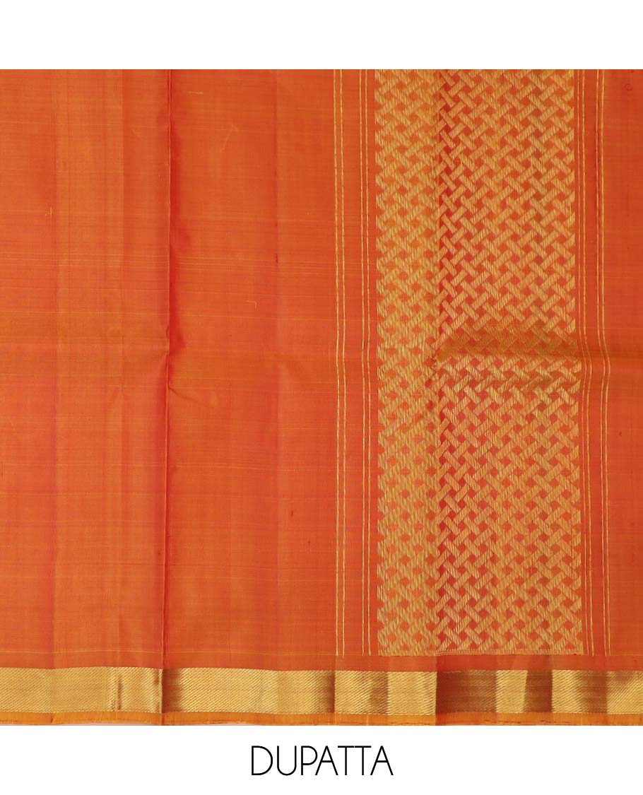 Maroon pure silk half saree, zari design skirt, contrast border and blouse of thilakam mokku, muthu, rudraksham, and manga design, and zari design dhavani