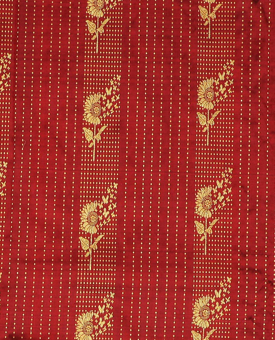 Maroon pure silk half saree, zari design skirt, contrast border and blouse of thilakam mokku, muthu, rudraksham, and manga design, and zari design dhavani