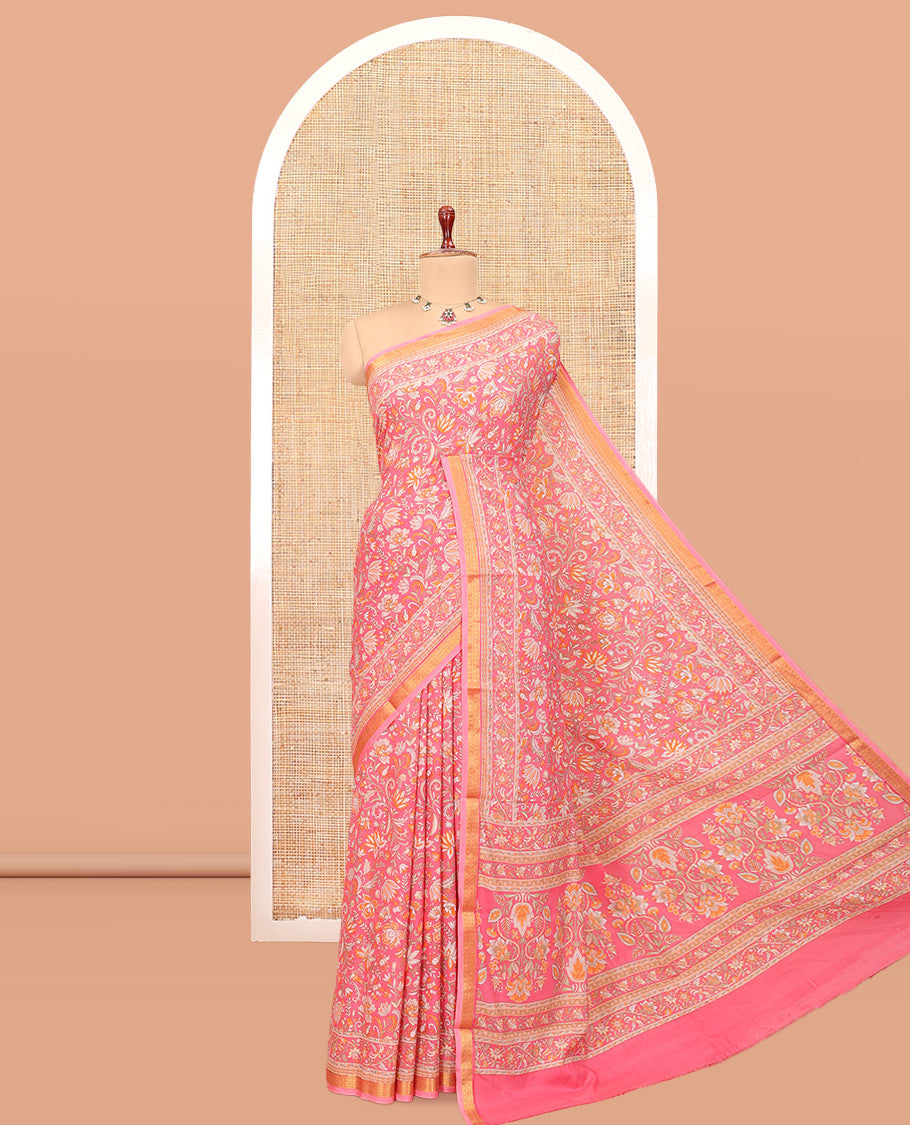 Pink Printed Silk Saree, Decorated with Floral Print, a Zari Border, Floral Printed Pallu, and a Matching Blouse