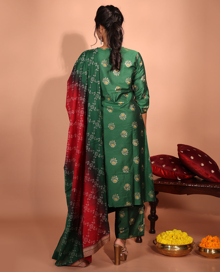 Green Rayon Floral Readymade Suit
