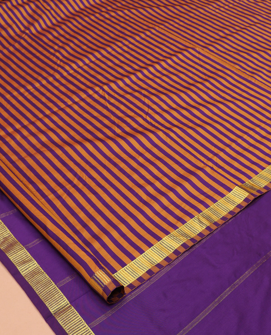 Violet-Orange Striped Art-Silk Nine Yard Saree, a Traditional Zari Border, Pallu of Zari Stripes, and No Blouse