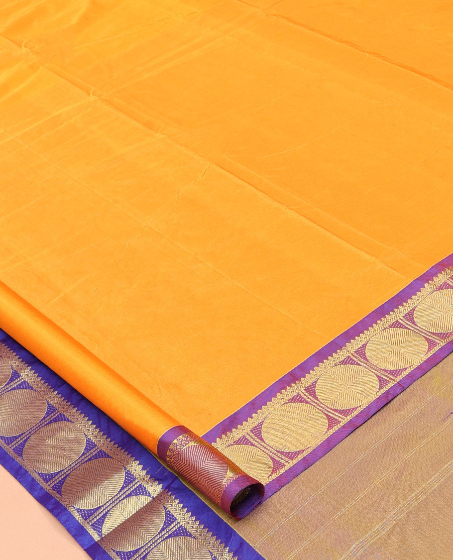 Orange Plain Ten-Yard Saree, Complemented by a Contrast Rudraksham Border, Self-Pallu of Stripes, and No Blouse