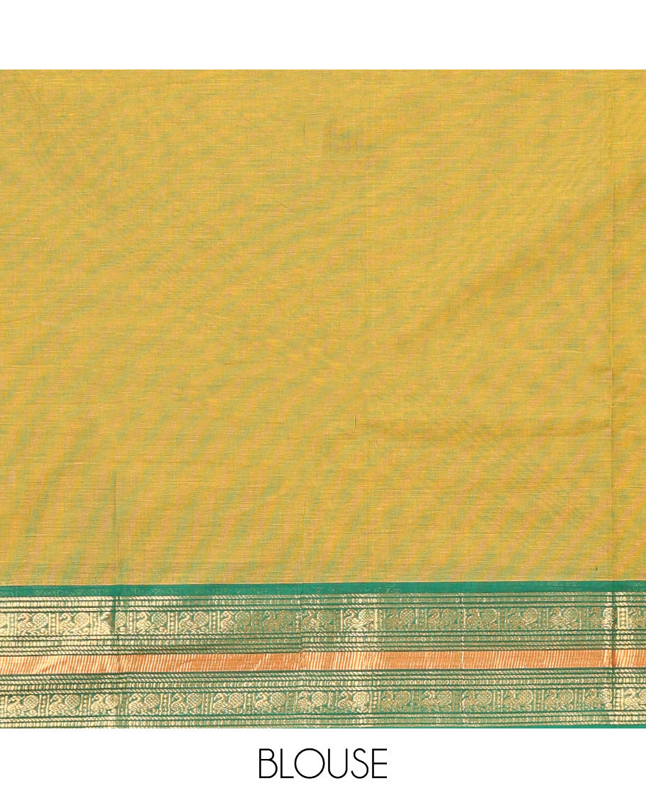 Green Chettinad Cotton Saree, Subtly Woven with Thread Buttas All Over Its Body, Complemented by Contrast Traditional Zari Design Border, Pallu of Stripes, and Buttas and Paired with a Matching Blouse