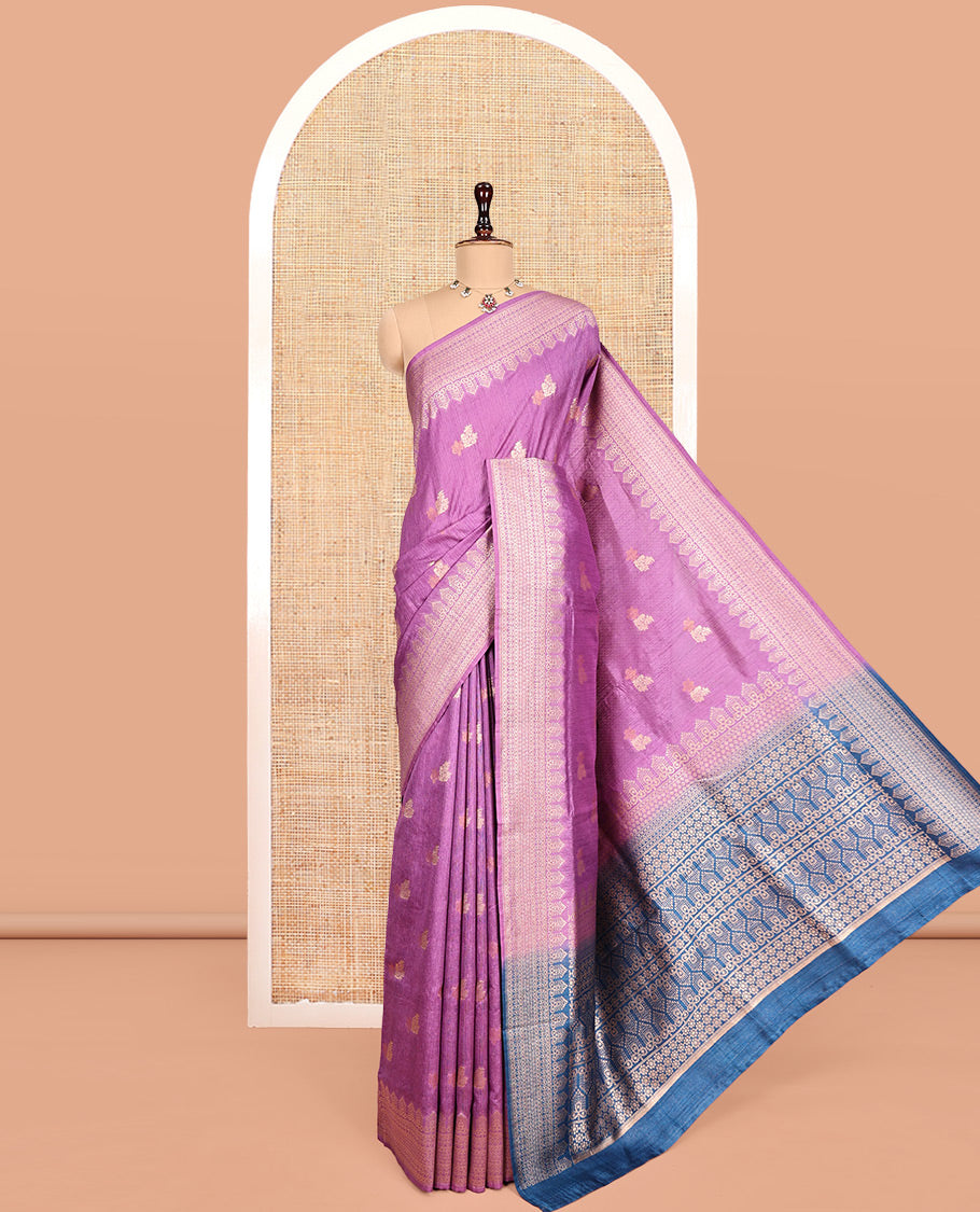Purple Matka Silk Saree, Adorned with Buttas All Over Its Body, Highlighted by a Self-Border of Traditional Designs, Intricately Designed Pallu, and Paired with Contrast Blouse