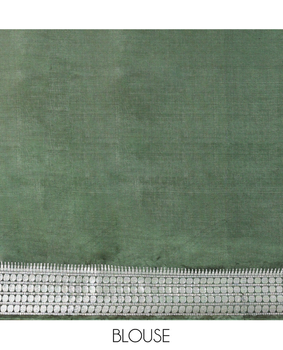 Green Banana Pith Saree, Mesmerized with Square Buttas All Over Its Body, Subtly Woven Temple Border of Rudraksham Designs, Pallu of Buttas, and Paired with a Matching Blouse