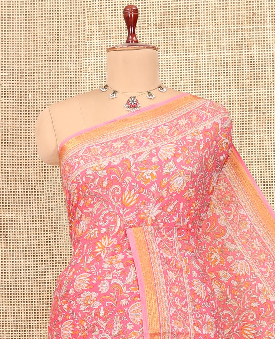 Pink Printed Silk Saree, Decorated with Floral Print, a Zari Border, Floral Printed Pallu, and a Matching Blouse