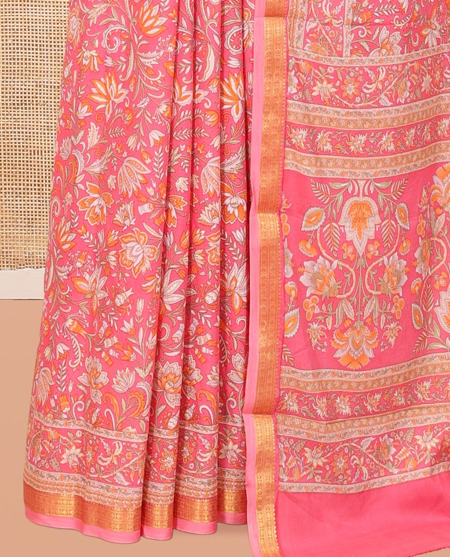 Pink Printed Silk Saree, Decorated with Floral Print, a Zari Border, Floral Printed Pallu, and a Matching Blouse