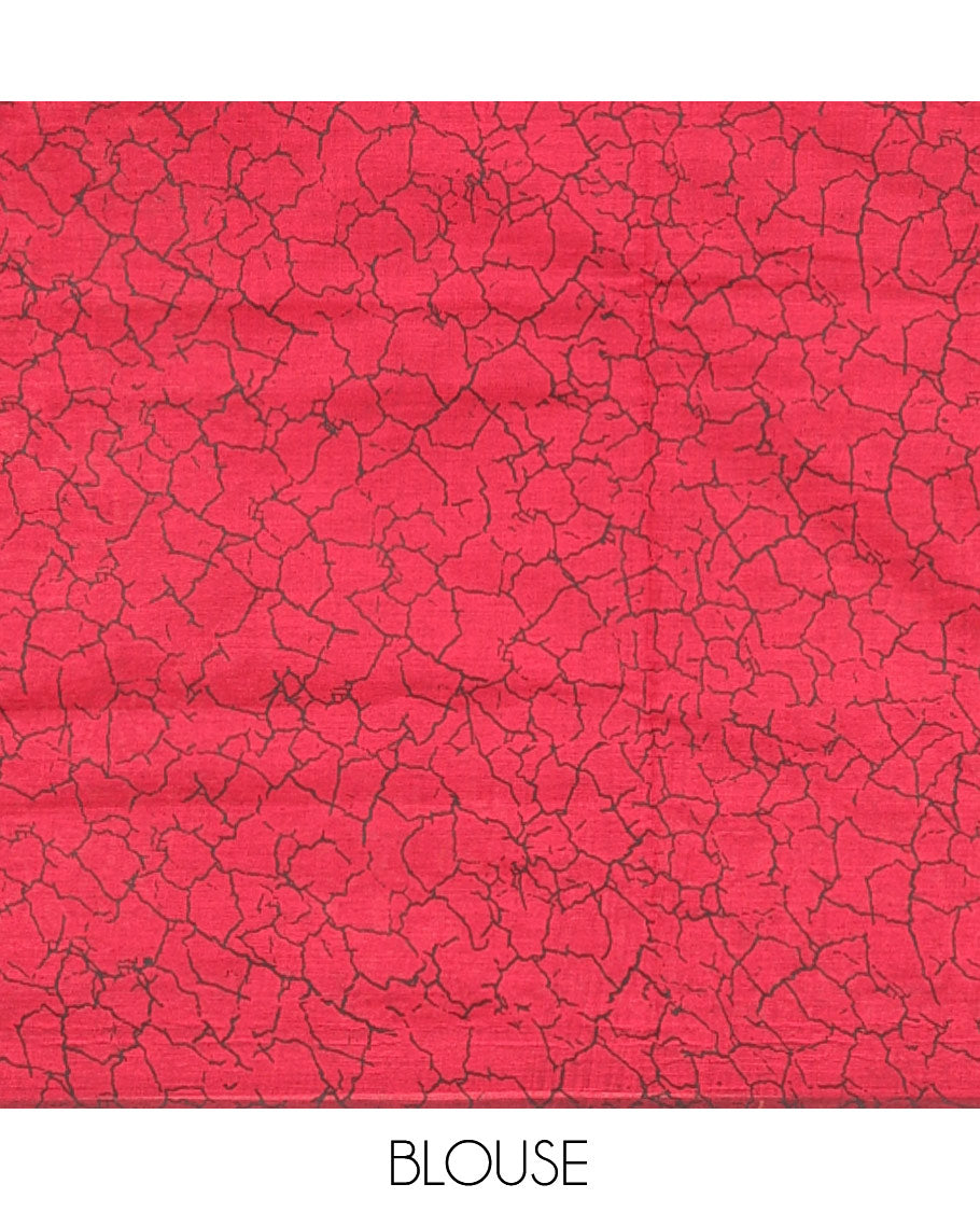 Borderless Black-Red Poly Cotton Saree, Creatively Printed Like Lightning Strikes, a Contrasting Lightning-Strike-Printed Pallu, and a Contrast Blouse