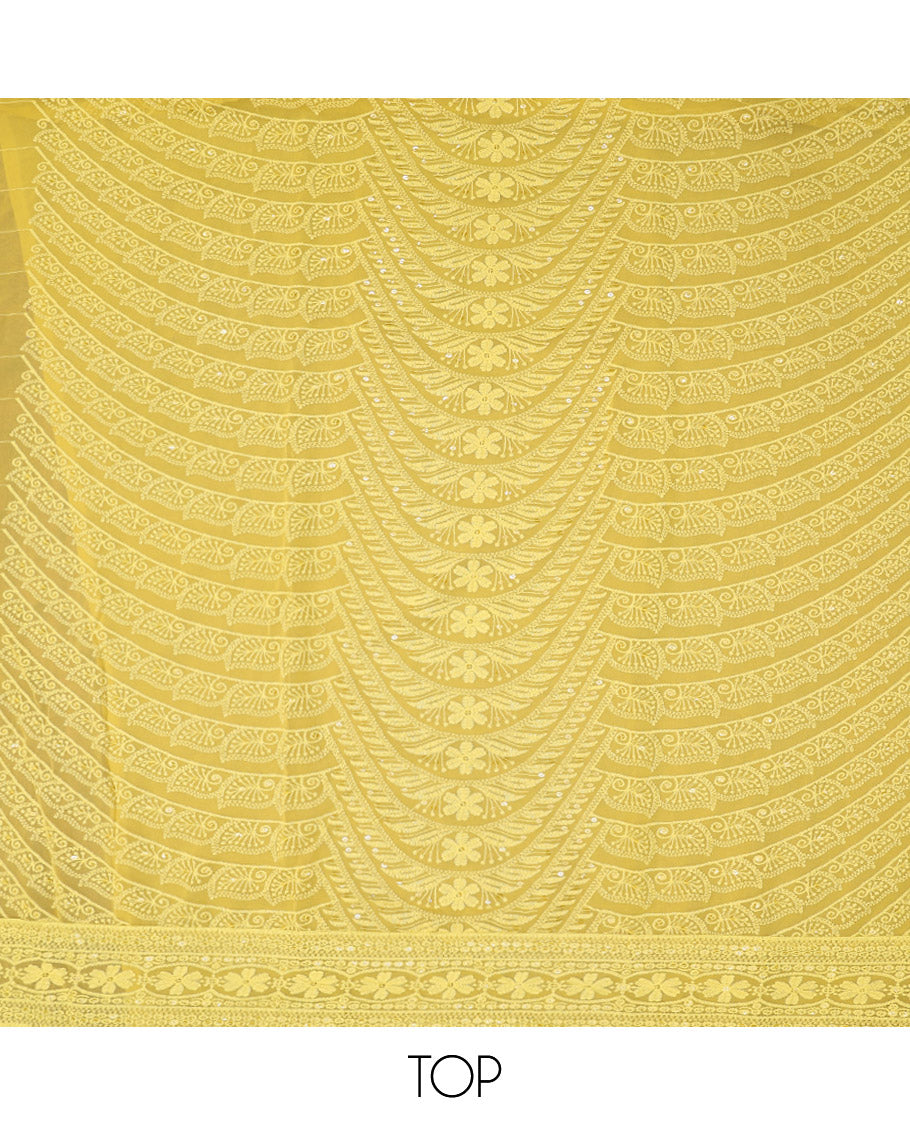 Yellow Material Chudidar Set, Enthralled with Chikankari-Style Thread and Sequins Embroidery on Georgette Top, a Plain Santoon Bottom, and Paired with a Geometric Embroidery Georgette Dupatta