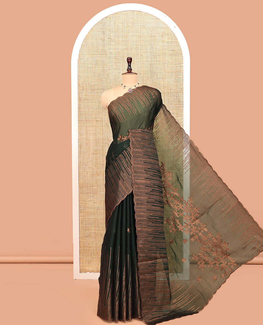 Bottle Green Iconic Blooming Saree Depicts Floral Copper-Thread Embroidery Border, and Matching Blouse