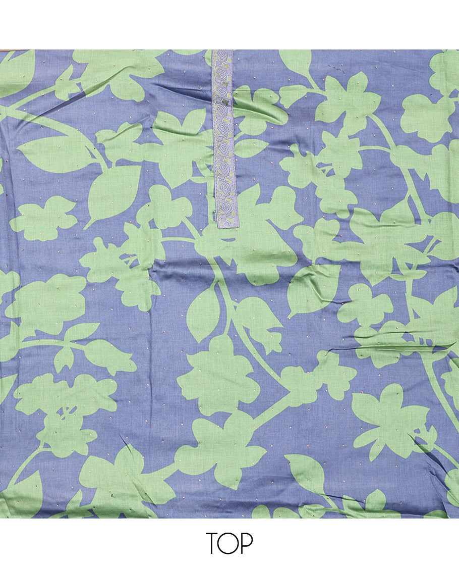Grey and Green Material Chudidar Set, Bedecked with Silhouette-Style Floral Print, and Stone Work on Its Rayon Top, a Plain Rayon Bottom, and Paired with a Floral Printed Rayon Dupatta