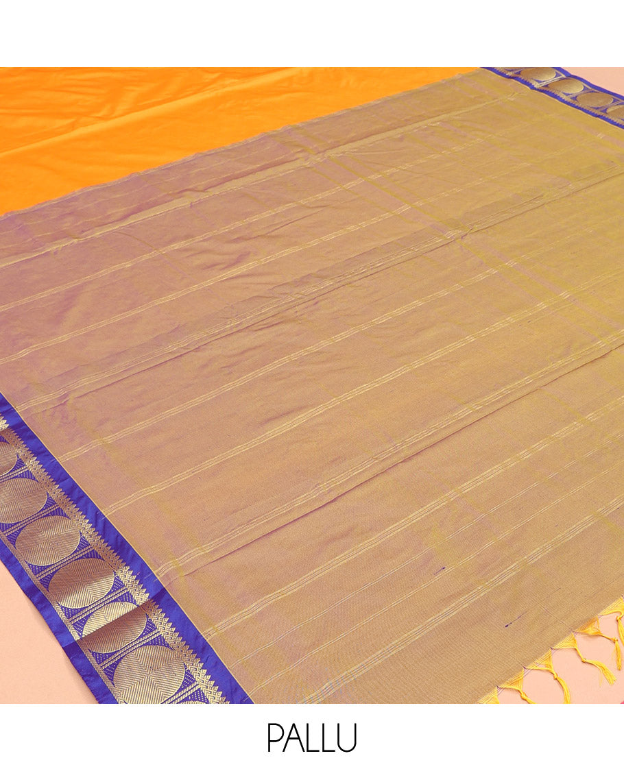 Orange Plain Ten-Yard Saree, Complemented by a Contrast Rudraksham Border, Self-Pallu of Stripes, and No Blouse