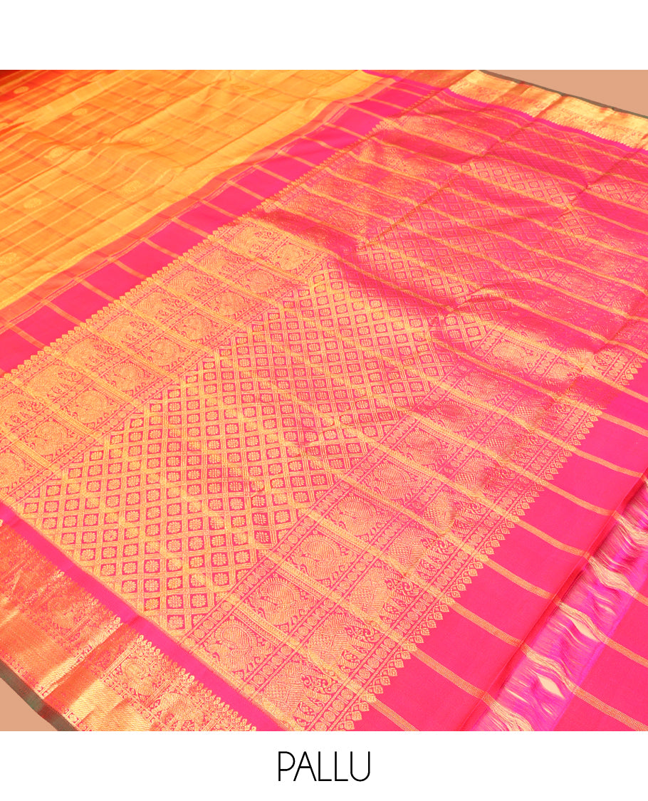 Orange Kanchipuram Silk Saree, Adorned with Mayil-Chakram Buttas and Stripes, Complemented by a Contrast Border of Thilakam Mokku, Rudraskham, Mayil, and Yaanai Design, Jaal Pallu, and a Contrast Blouse