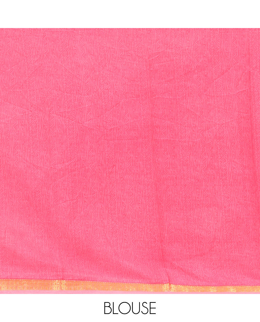 Pink Printed Silk Saree, Decorated with Floral Print, a Zari Border, Floral Printed Pallu, and a Matching Blouse