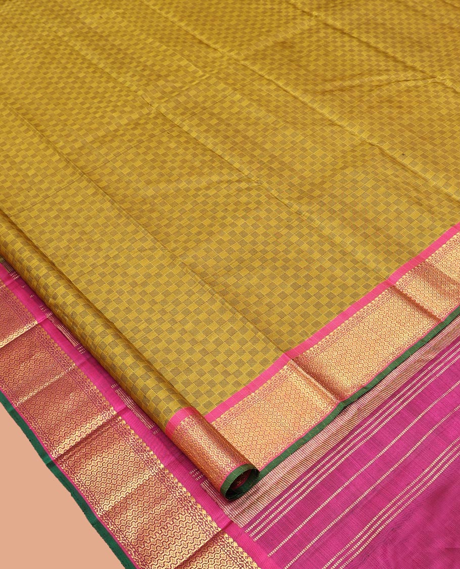 Green Paiyaadi Kattam Kanchipuram Silk Saree, Complemented by a Contrast Border of Salngai, and Then Kuli Kann Designs, Zari Design Pallu, and Contrast Blouse