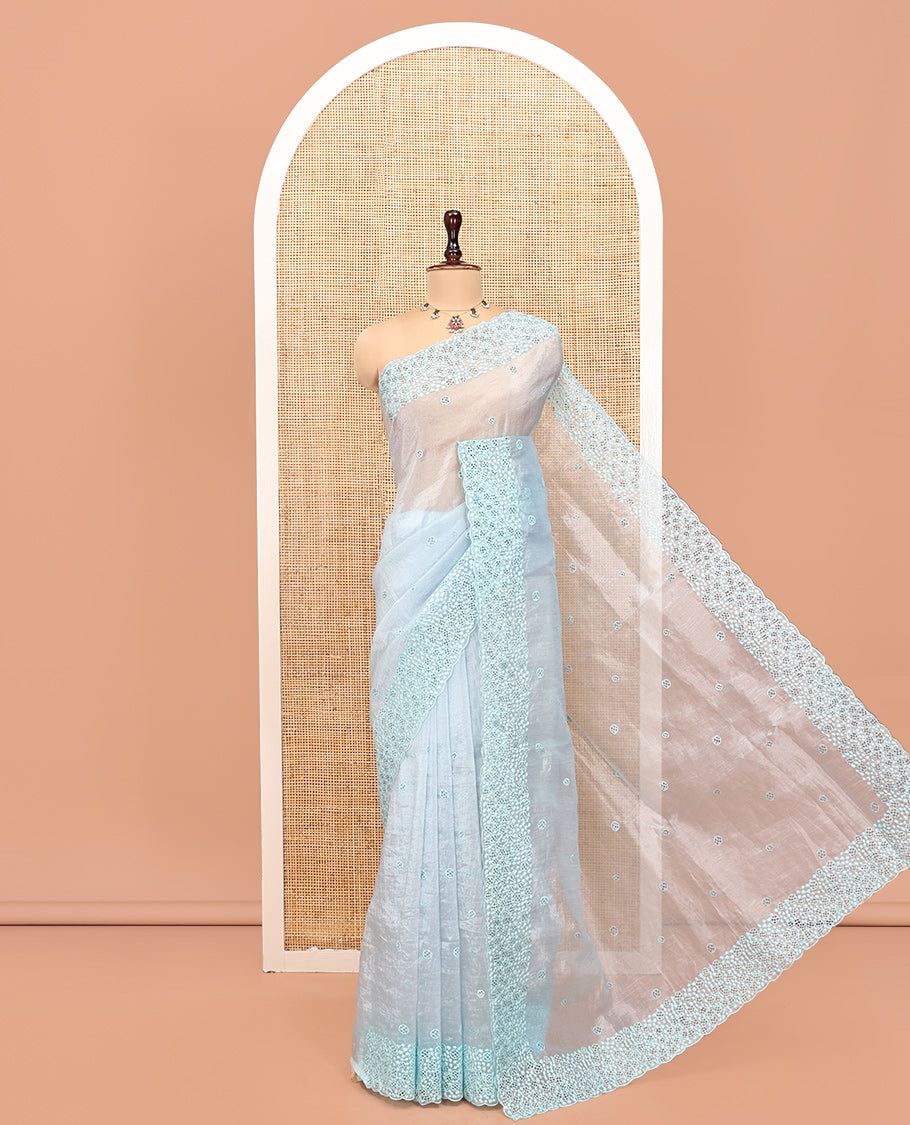 Pale Blue Organza Saree, Subtly Sparkled with Hakoba-Style Cutwork Embroidery, Scallop Cutwork Border, and a Matching Blouse
