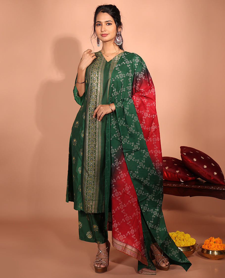 Green Rayon Floral Readymade Suit