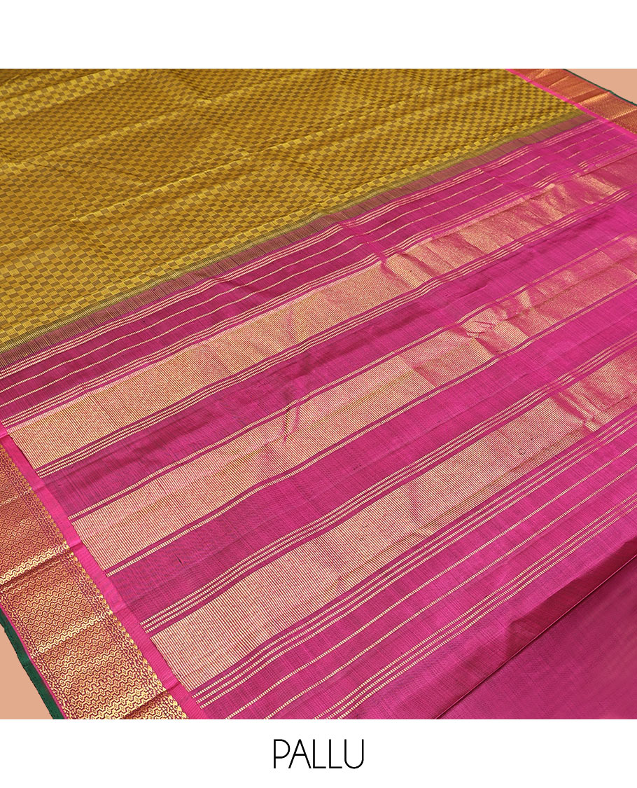 Green Paiyaadi Kattam Kanchipuram Silk Saree, Complemented by a Contrast Border of Salngai, and Then Kuli Kann Designs, Zari Design Pallu, and Contrast Blouse