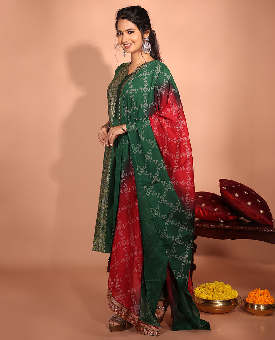 Green Rayon Floral Readymade Suit