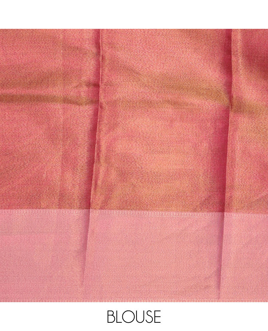 Pink floral embroidery celebrity tissue saree, contrast pastel multi-color floral creeper embroidery border & contrast blouse