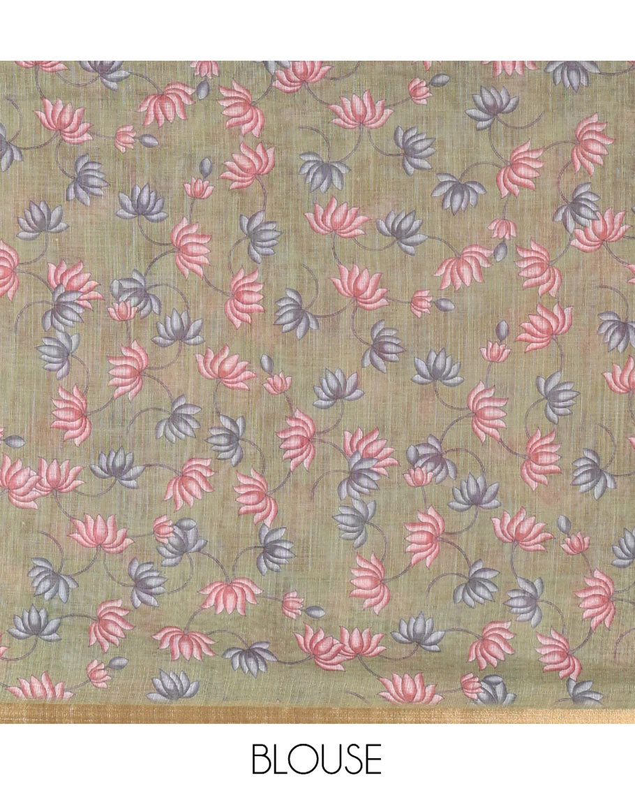 Multi-color Linen Cotton Saree, Adorned with Chevron Stripes Printed All Over Its Body, Complemented by a Contrast Floral Creeper Printed Border, Pallu Pictures Pichwai Lotus Print, and Paired with a Lotus Printed Blouse