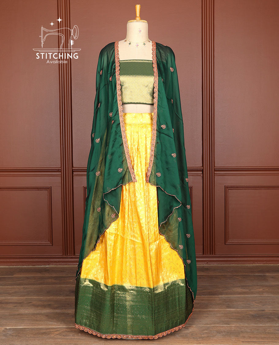 Yellow floral vine jacquard half saree with contrast intricate zari design border, zari design blouse & floral embroidery scallop border dhavani