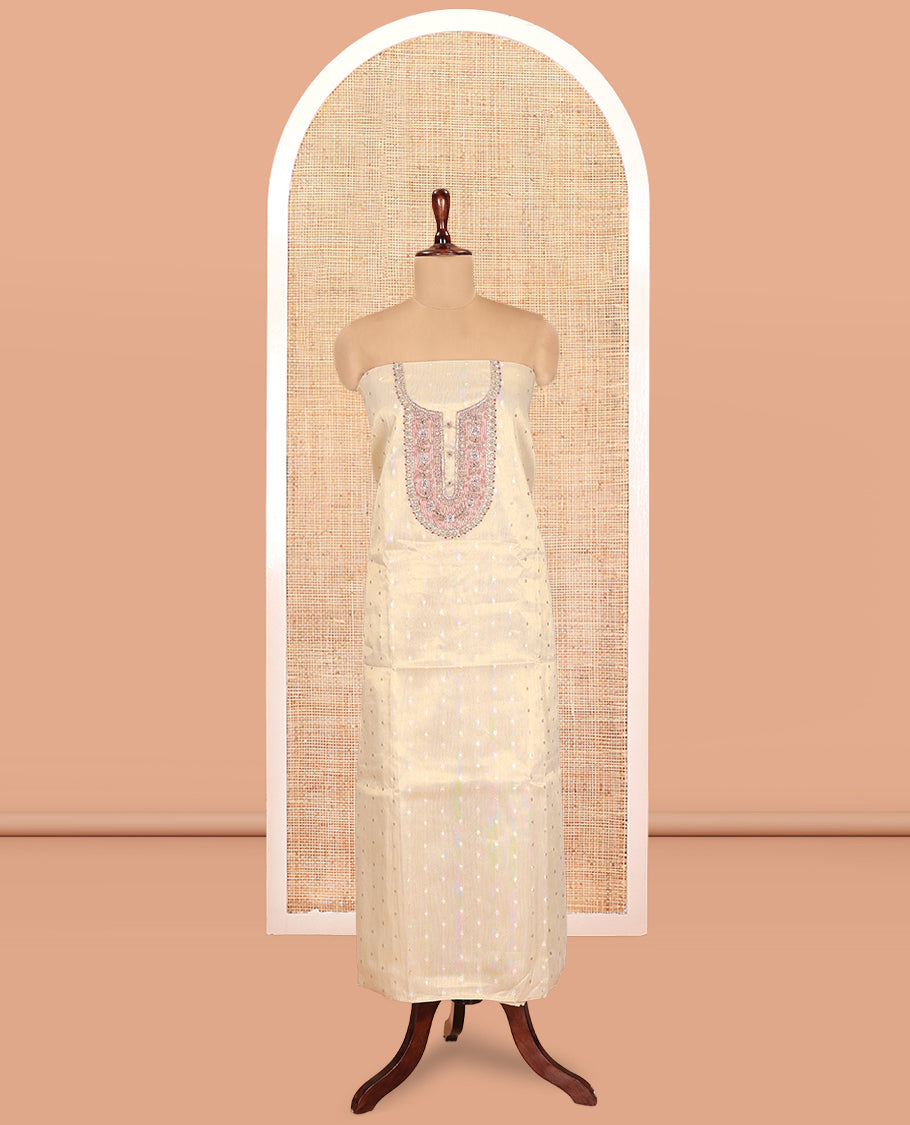 Cream-Purple Banarasi Tissue Material Churidar Feature Embroidered Top, a Contrast Bottom, and Embroidered Dupatta