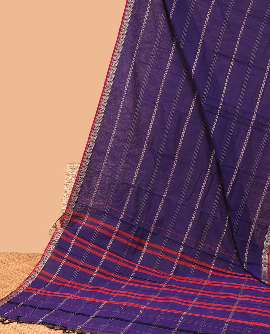 Violet striped Narayanapet cotton saree, traditional motifs border & striped pallu