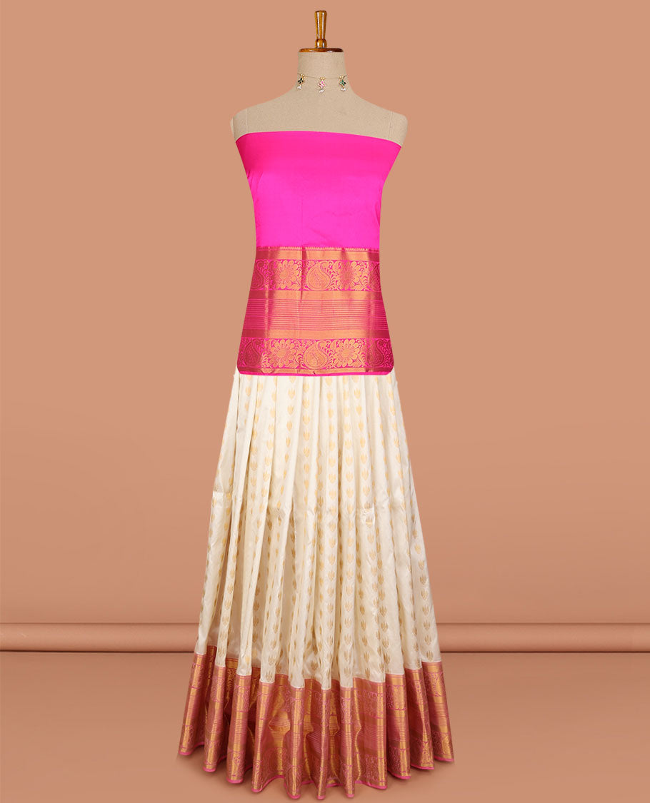 white floral buttas pure silk half saree with contrast intricate zari design border, zari design blouse & floral zari design dhavani