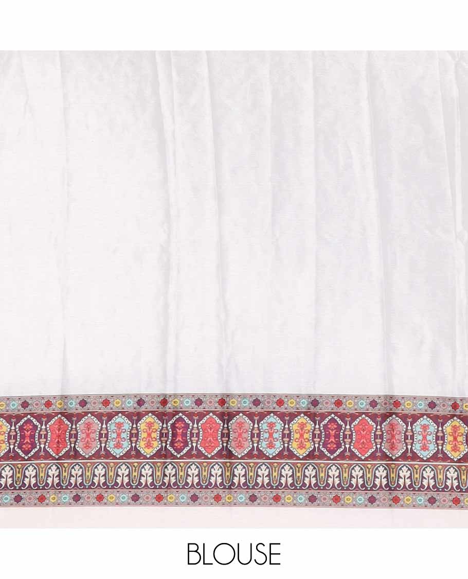 White half-&-half style geometric print & mirror embroidery masakali saree,self-border & pallu of print & mirror work,plain blouse