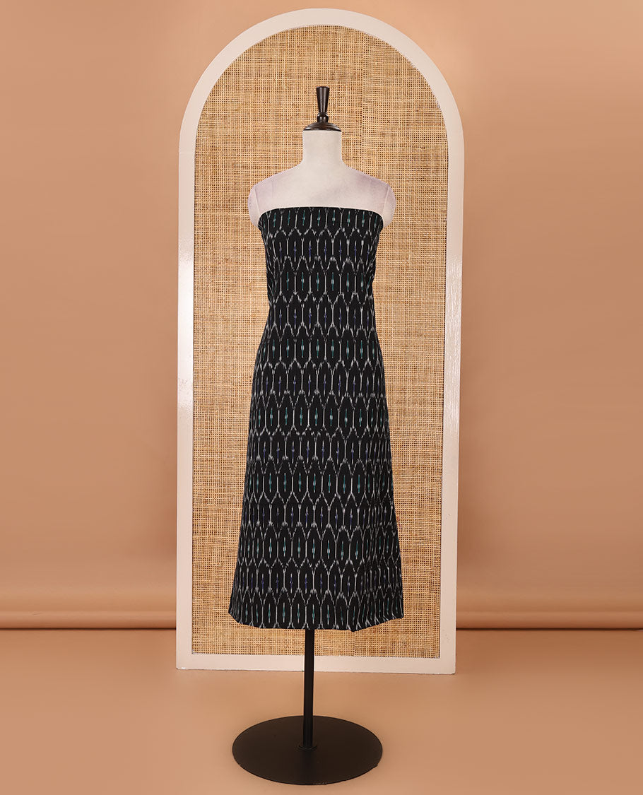 Black material chudidar set, ogee patterned pure cotton pochampally ikkat top, contrast bottom & dual-color ikkat motifs pure cotton pochampally ikkat dupatta