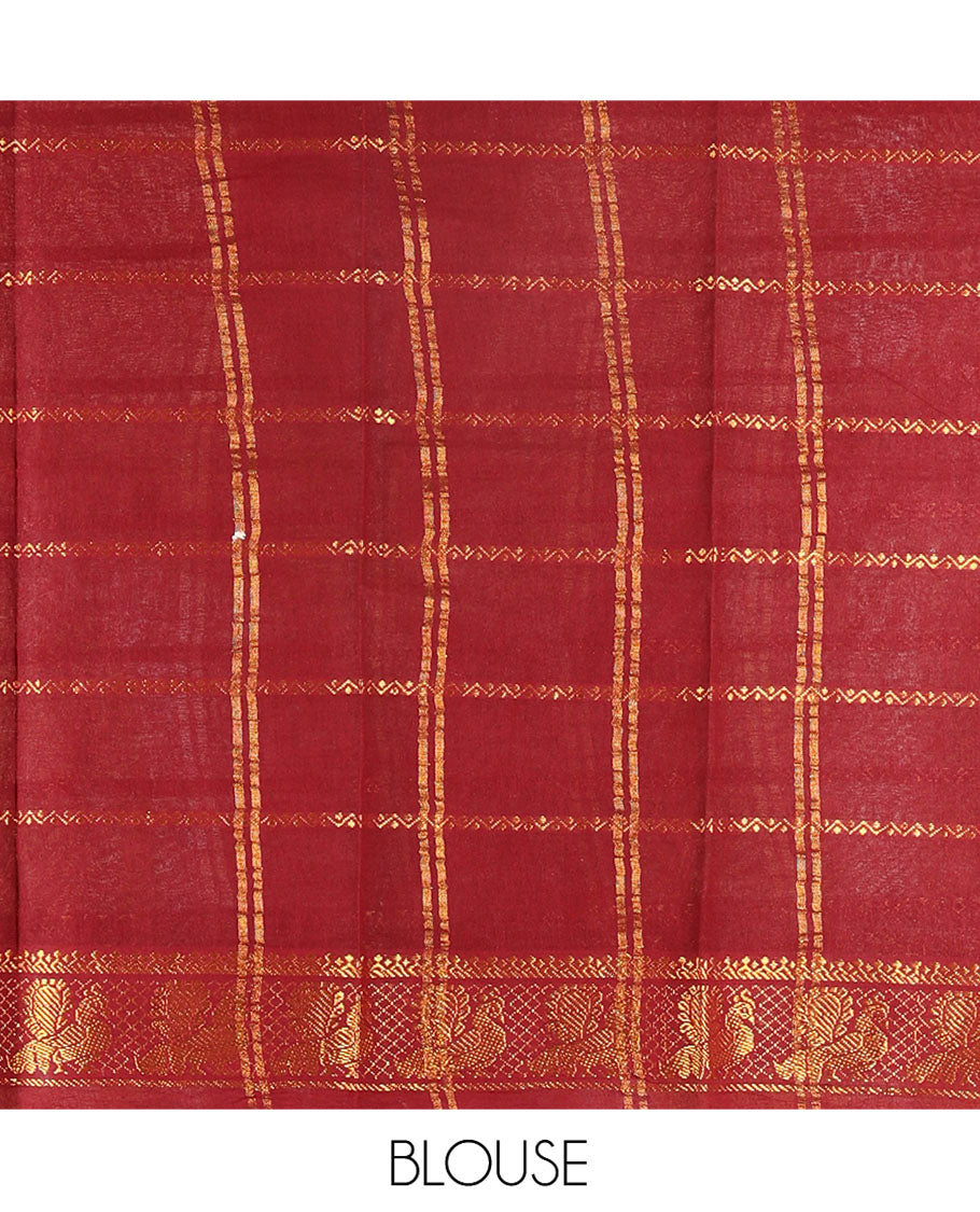 Mustard Plain Sungudi Cotton Saree, Highlighted by Traditional Zari Border of Peacock and Elephant Motifs Weave, Subtly Striped Pallu, and Paired with a Contrast Veldhari Design Blouse