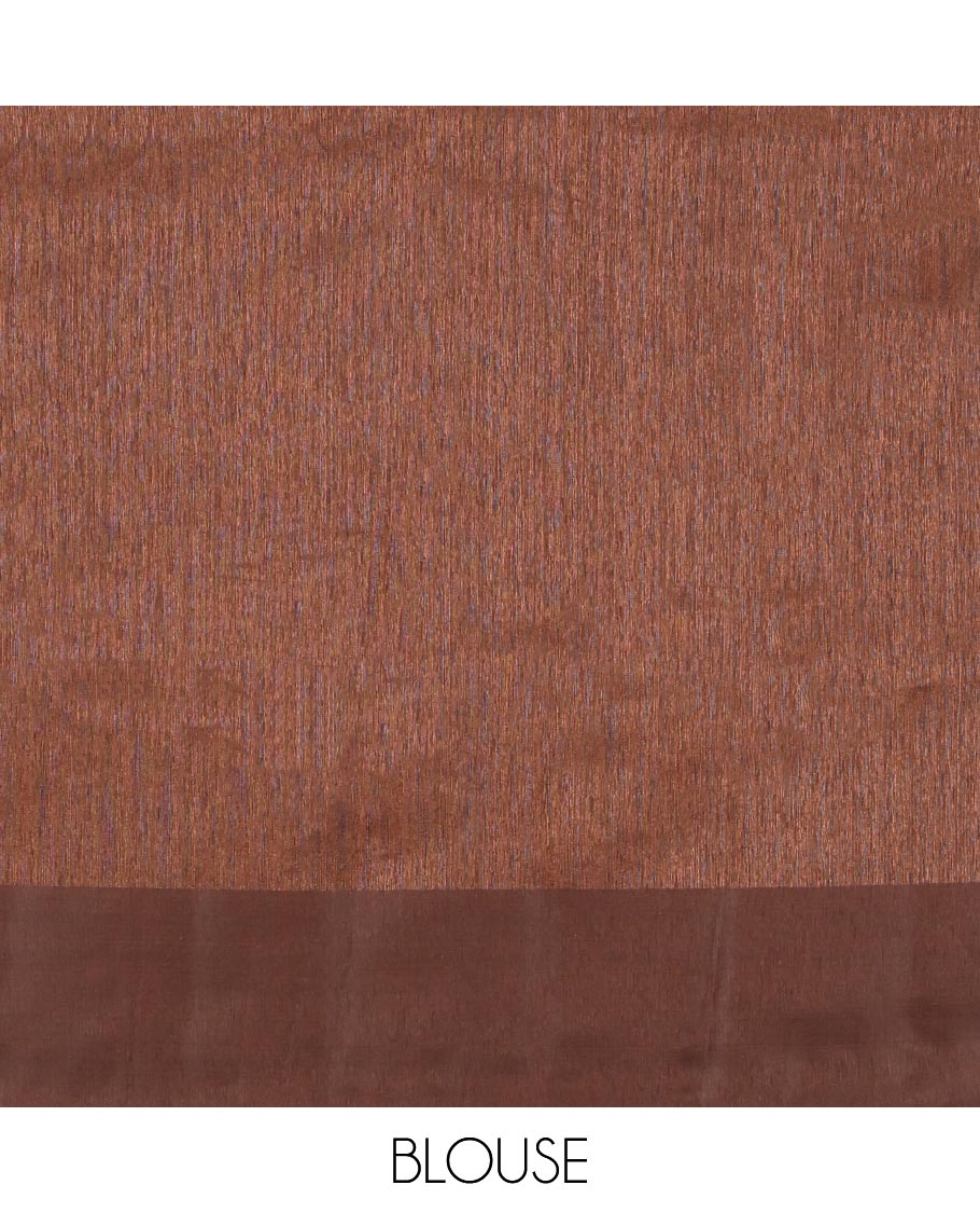 Brown Green-Silk Saree, Colorfully Highlighted with Rose Motifs Cross Stitch Embroidery on Its Body, Subtly Sparkled by a Plain Border, Pallu of Rose Cross Stitch Embroidery, and Paired with a Contrast Blouse