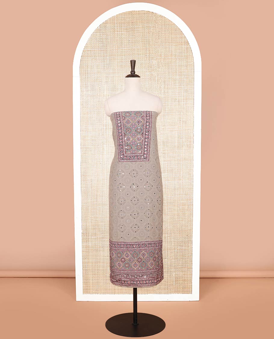 Grey jacquard, ajrakh print, mirror work crepe chudidhar material top with american crepe pant & chinnon ajrakh print, mirror work dupatta