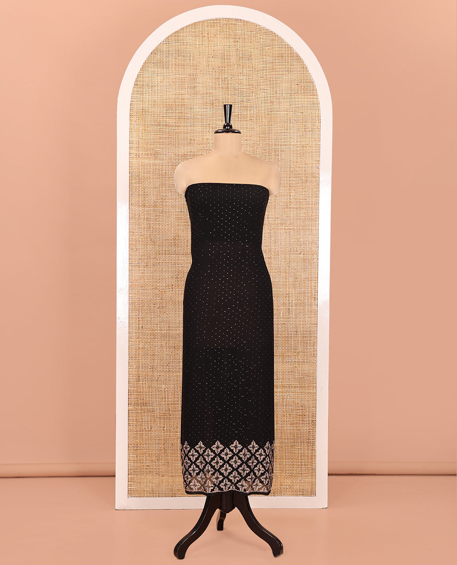 Black Material Churidar Set, Swarovski Stone Work Fox Georgette Top, Comes with a Plain Santoon Bottom, and a Scallop Swarovski Stone Work Fox Georgette Dupatta