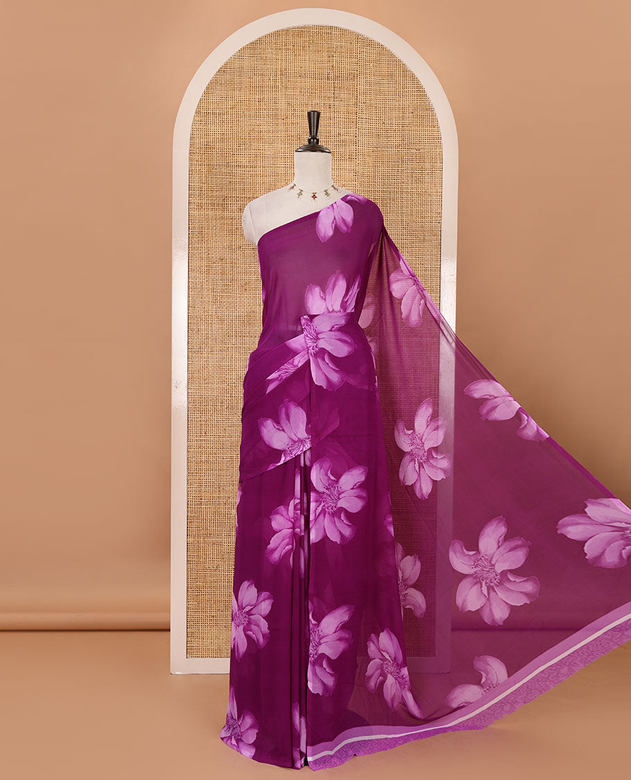 Borderless dark violet big floral motifs printed georgette saree with contrast printed blouse
