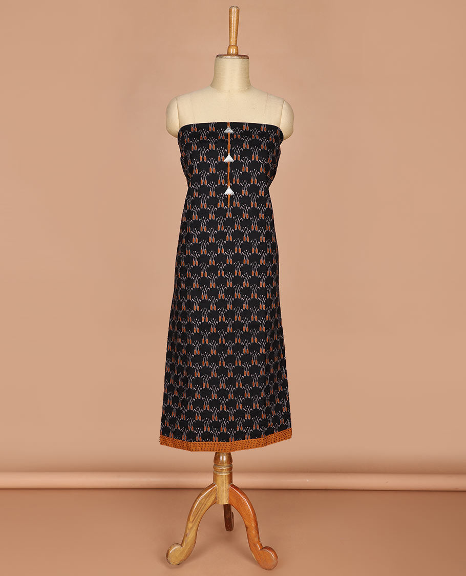 Black with mustard ikkat print fancy neck, katha work flex cotton chudidhar material top with cotton pants & negative print dupatta