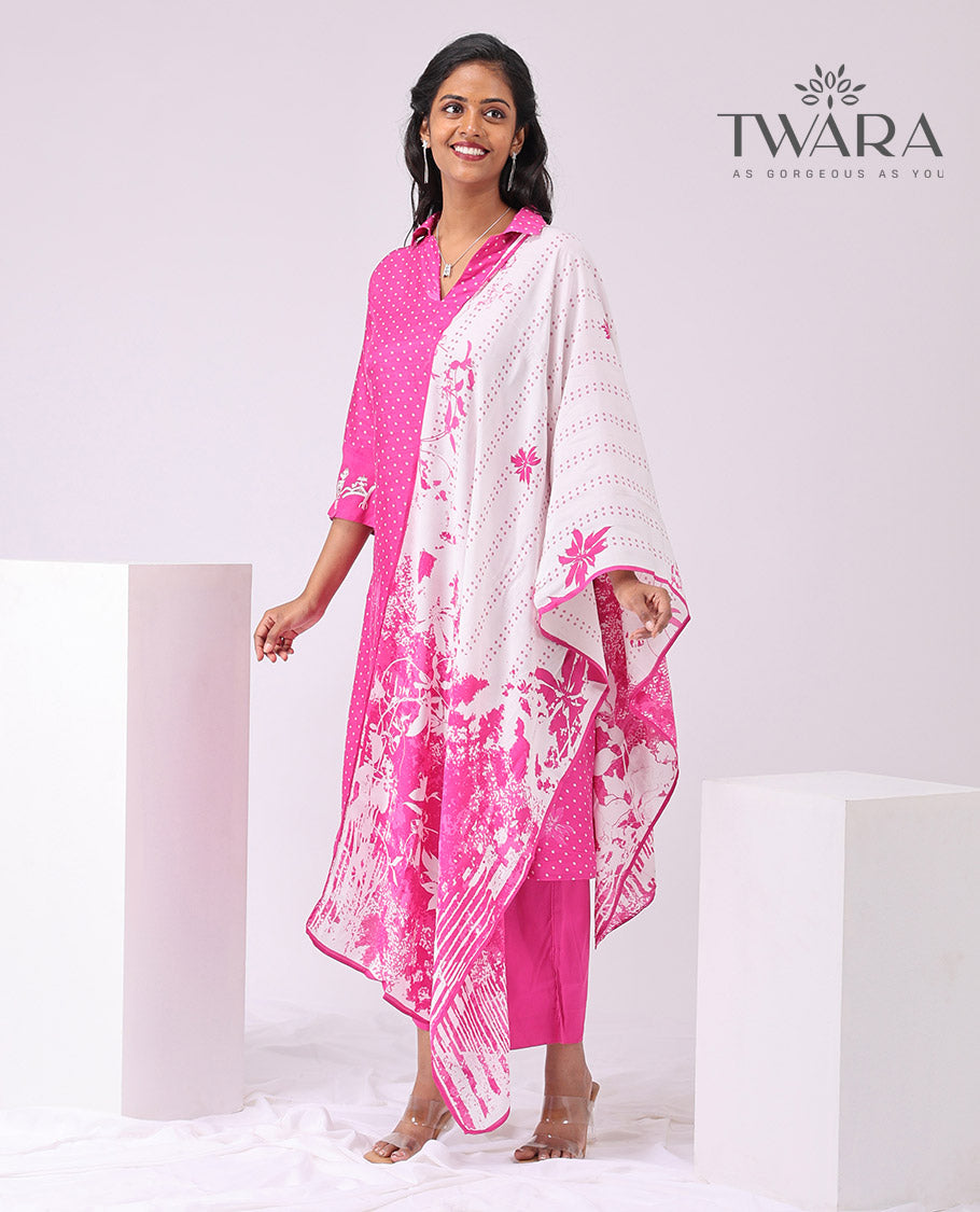 Twara Pink polka dot design v neck, 3/4 th sleeve , below knee lenght kuti with straight pants & floral design dupatta