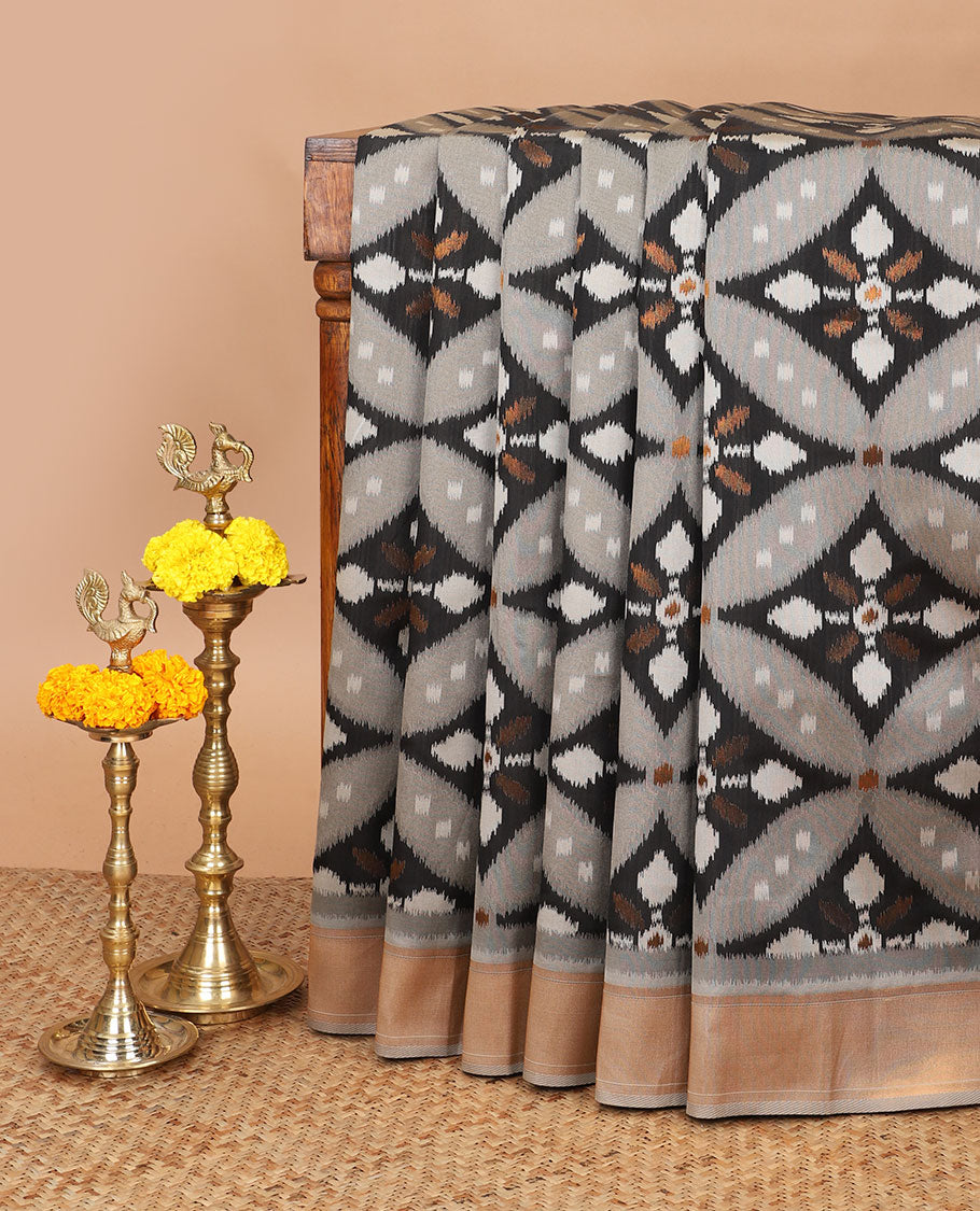 Black with grey zari pochampalli weaving design mulberry silk saree with bawanchi, ikkat weaving border & rich pochampalli weaving pallu along with plain blouse