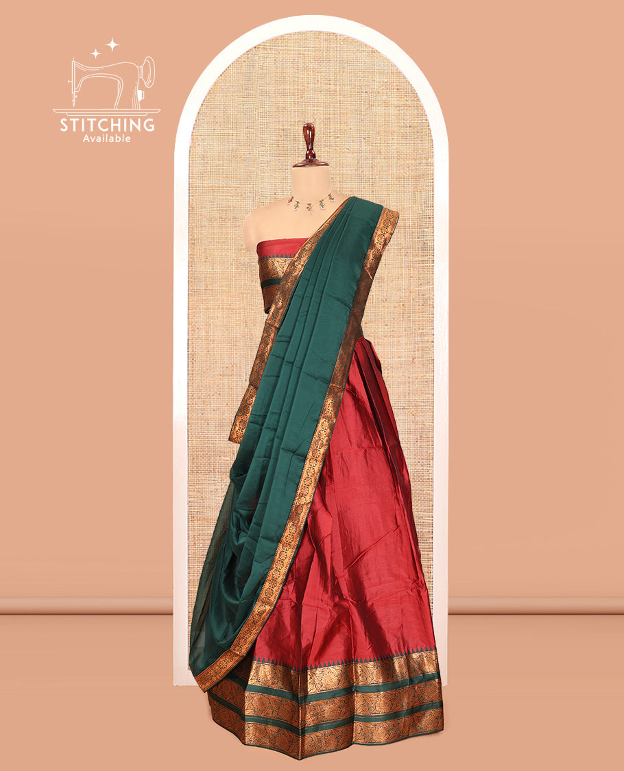 Red Semi-Banarasi Half-Saree Features Plain Skirt, Contrast Floral Creeper Zari Border, Matching Blouse, Contrast Dhavani