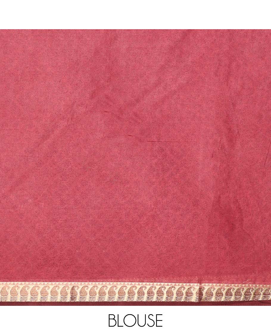Red floral printed semi-banaras printed saree, paisley motifs border & intricate paisley motifs border