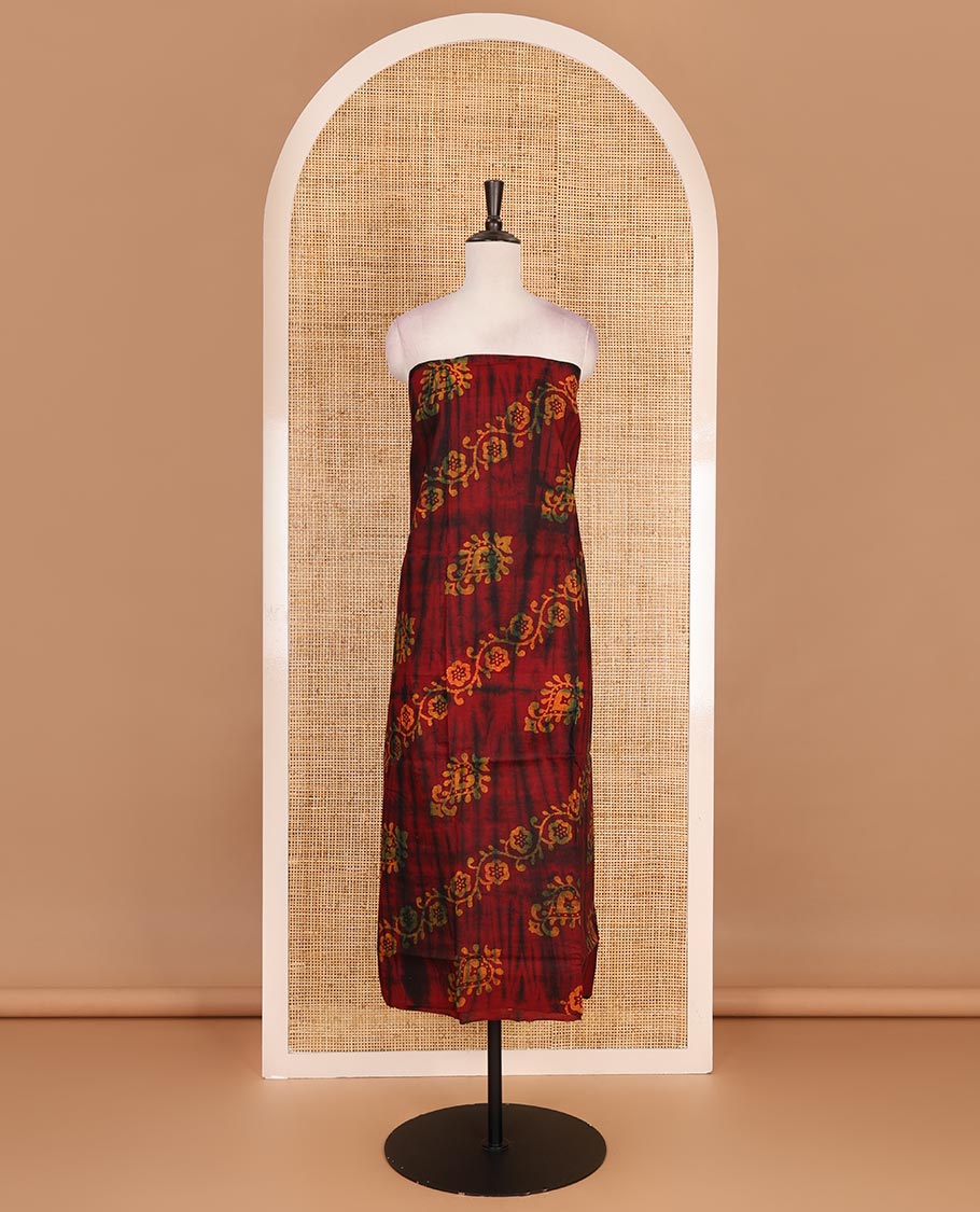Maroon cotton material chudidar set, shibori with batik style floral printed top, contrast plain bottom, and dupatta of shibori and batik print
