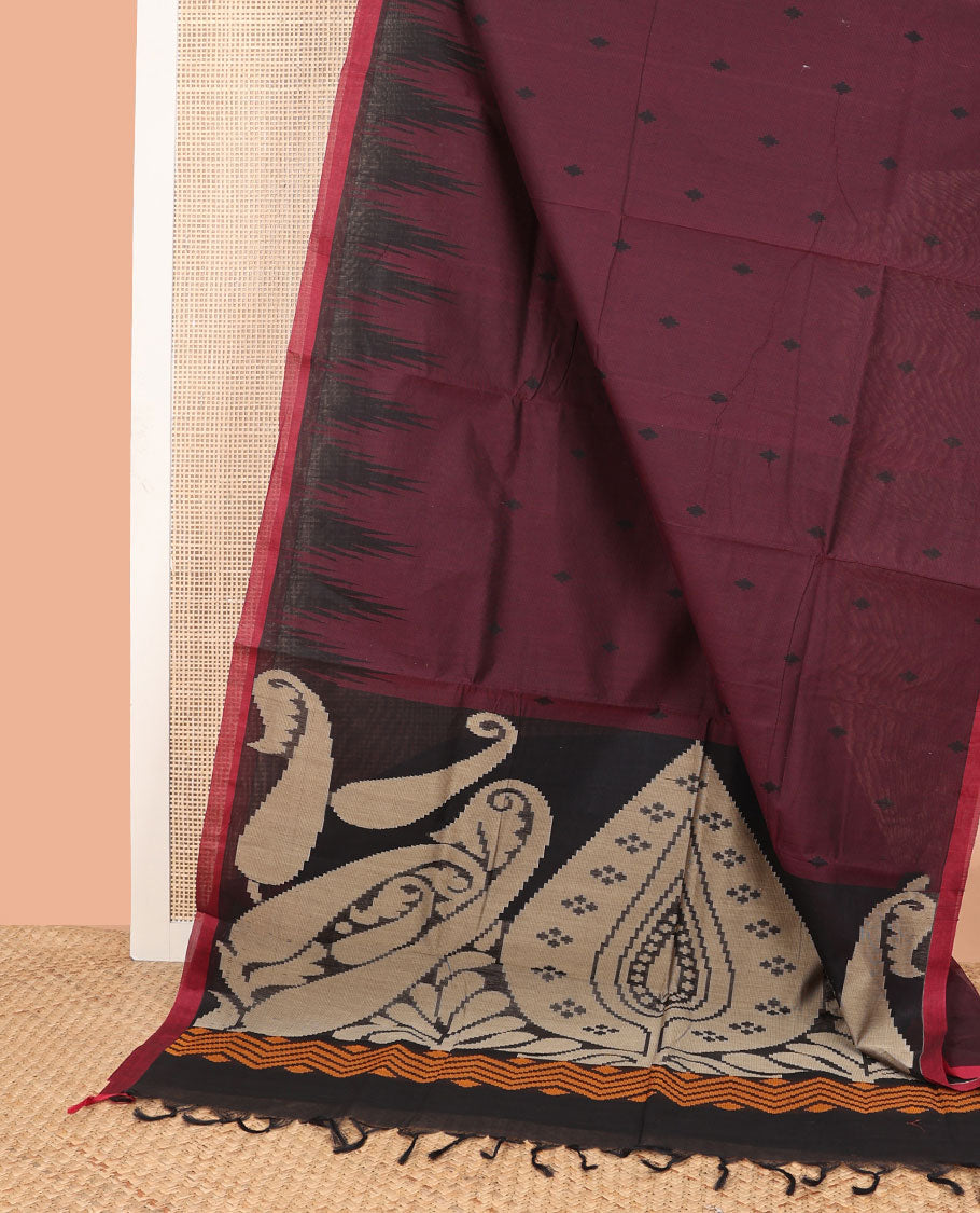 Maroon floral design coimbatore cotton saree with contrast border & floral design pallu