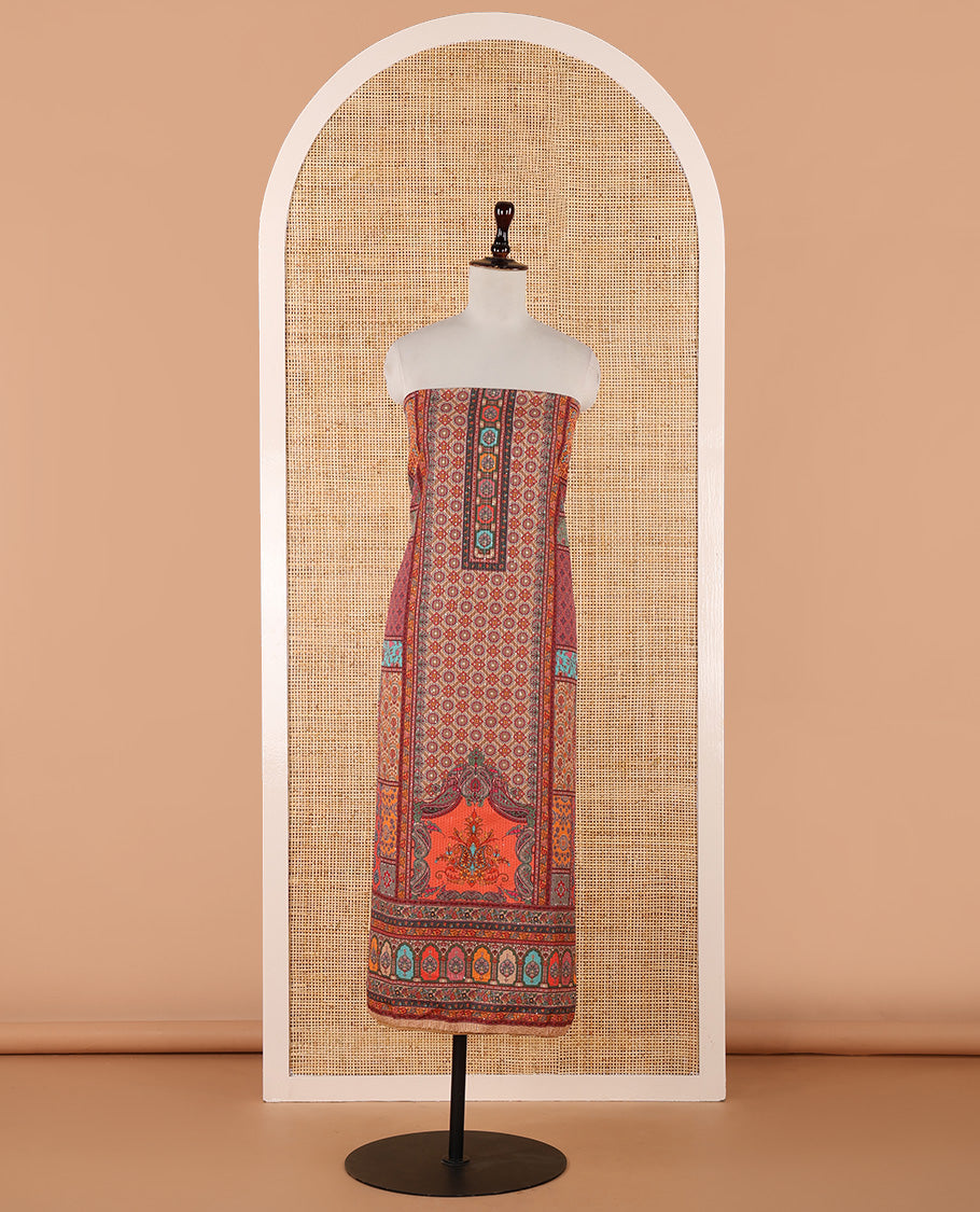 Multi-color churidar material set, ajrakh-printed & sequins work crepe top, kalidoscopic-colored dupatta of ajrakh print & sequins work & plain crepe bottom