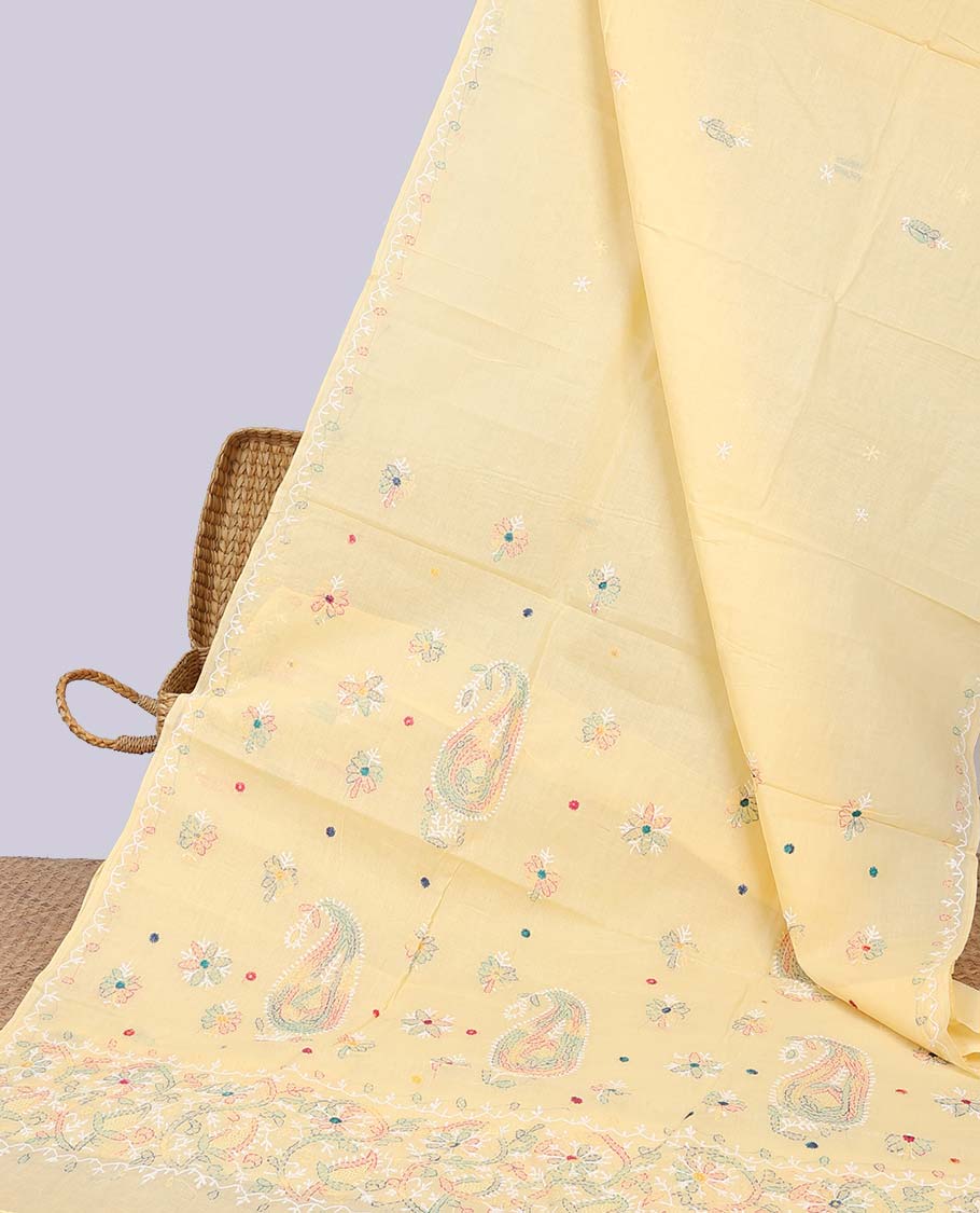 Pastel yellow floral motifs embroidery chikankari cotton saree with self floral border & paisley, floral embroidery pallu
