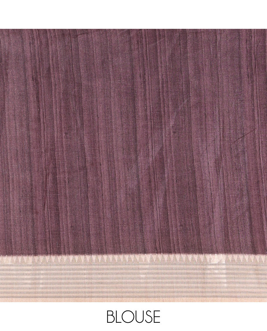 Maroon geometric patterns and polka dots printed semi-tussar saree, contrast horizontal striped zari border, striped pallu, and a contrast blouse